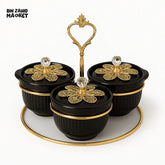 BLACK AND GOLD 3 PIECE CONDIMENT JAR SET WITH TRAY AND CRYSTAL KNOB LIDS - ZQ-115-3